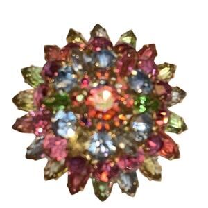Vintage Rhinestone Brooch Floral tiered Flower 2" Aurora Borealis